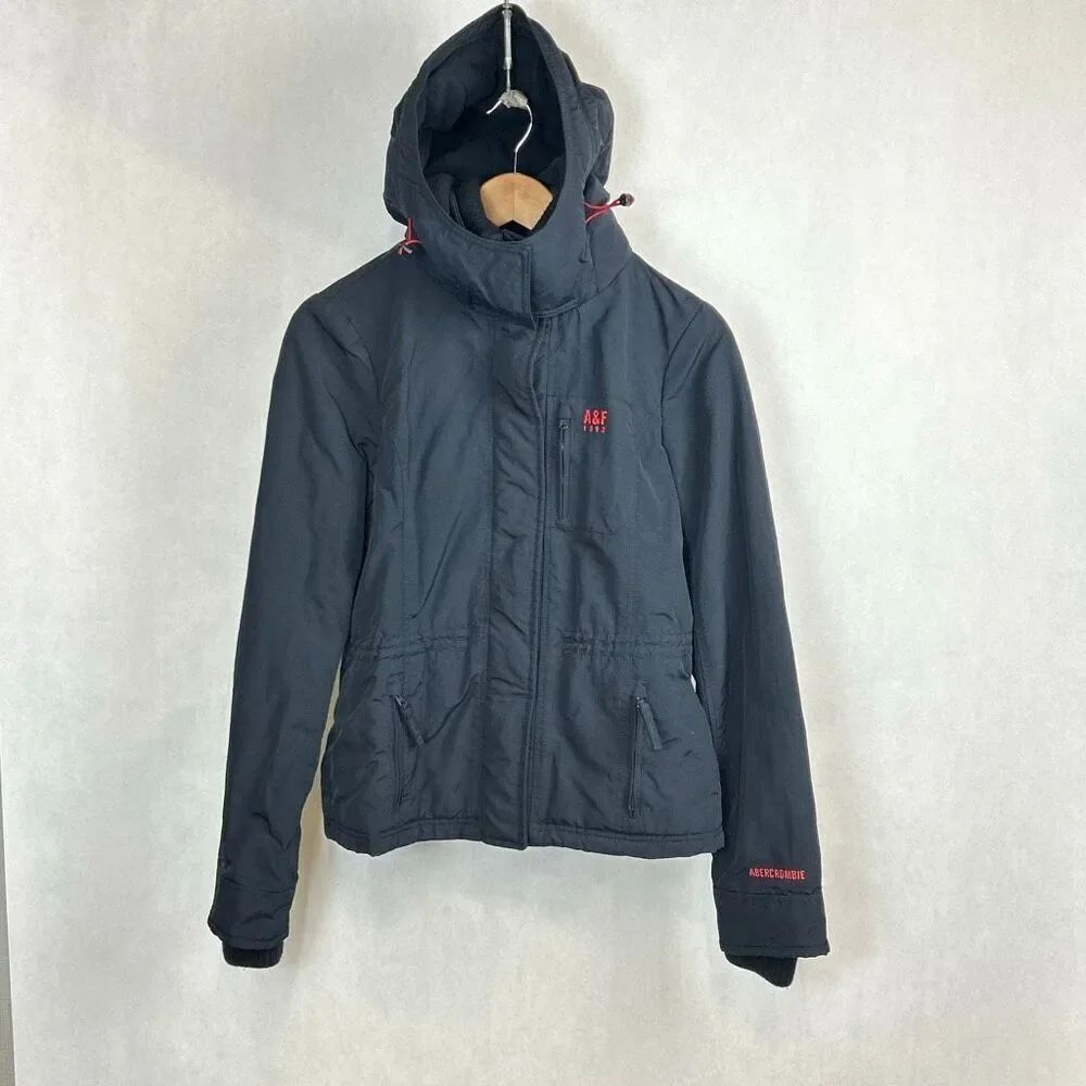 A&F Womens Coat Jacket Navy Blue Sz Medium Hood Fleece Lined Full Zip Snap Front